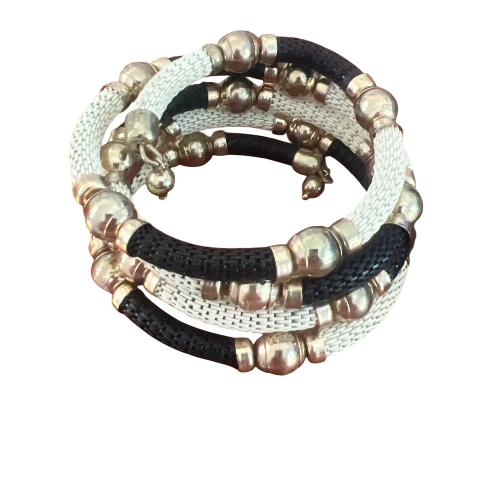 Vintage Gold Tone Cream Black Mesh Memory Wire Bracelet Cuff Adj Estate READ
